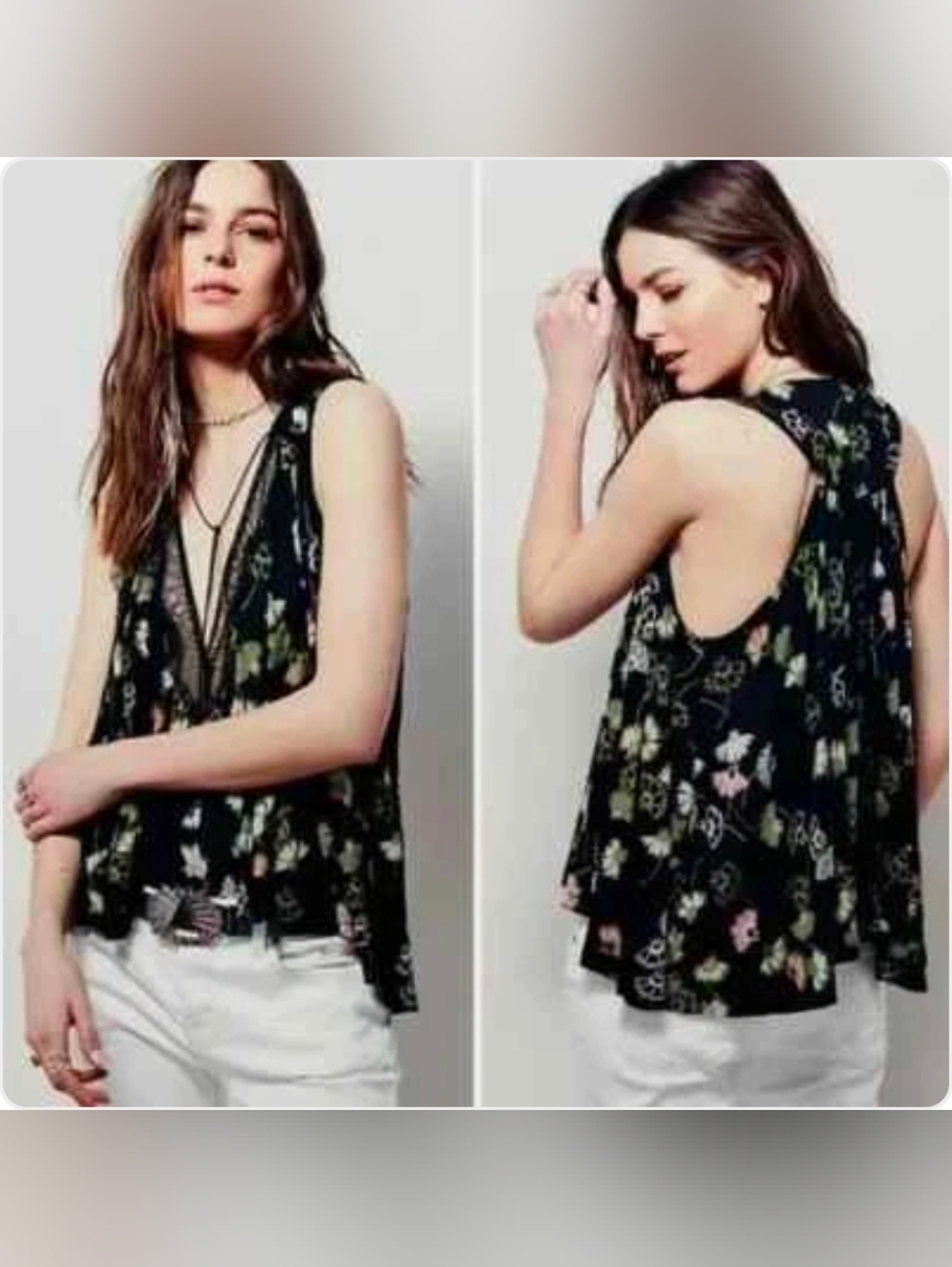 Free People Black Floral Sleeveless V-Neck Tank